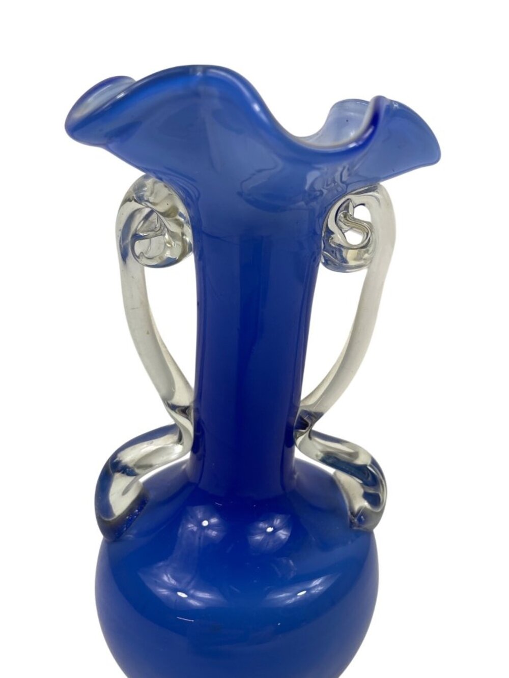Handmade Cobalt Blue Glass Vase With Clear Swirl Handles & Ruffled Rim - Picture 3 of 12